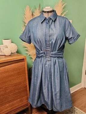Blue Denim Short-Sleeve Dress with Ring Belt